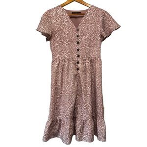 MIKAROSE Tan Cream Cheetah Print Button Front Midi Tiered Dress Sz Small